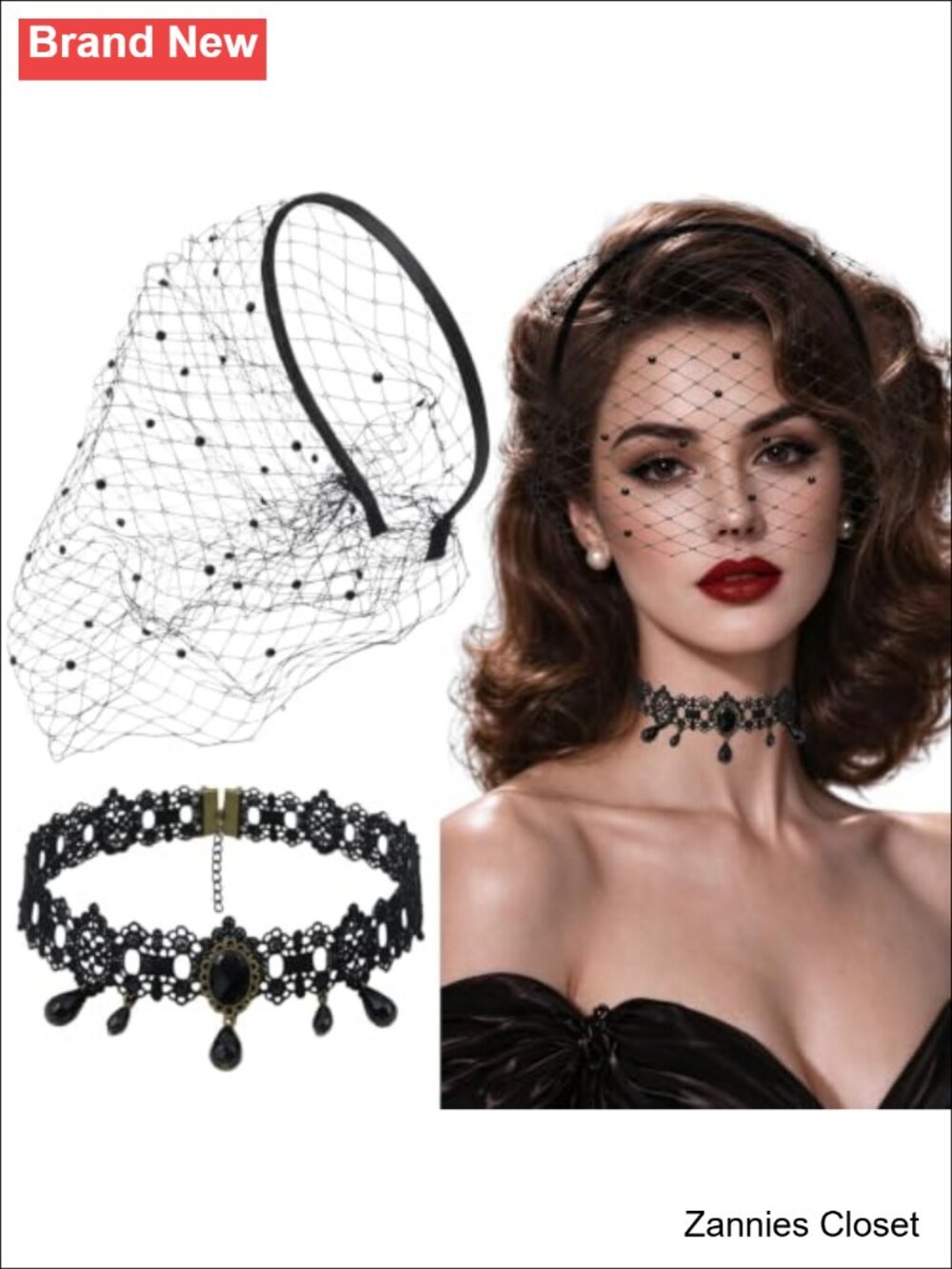 👻 Gothic Lace Choker & Birdcage Veil Set Halloween Costume Accessories